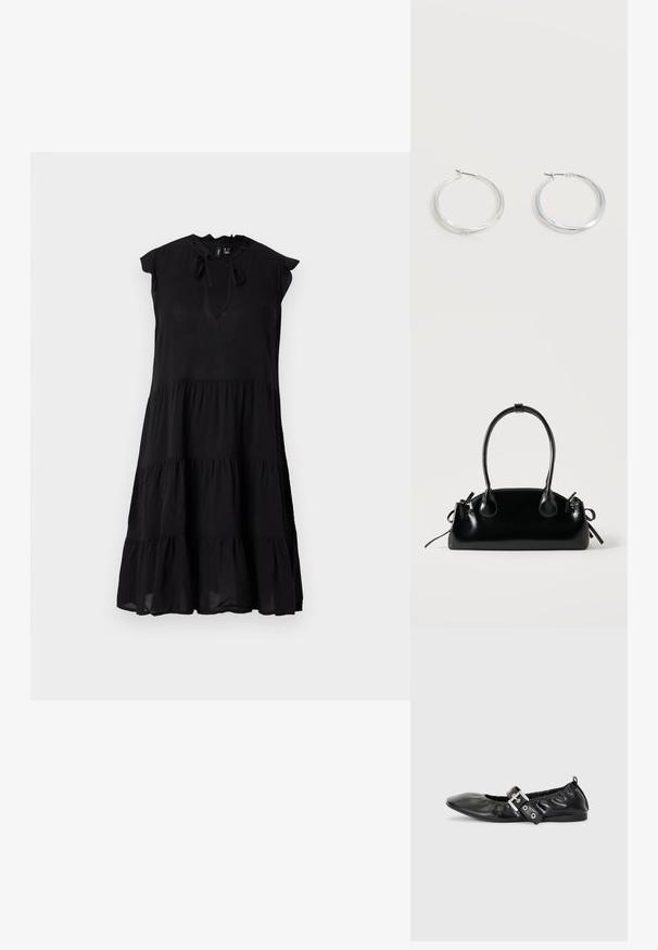 Robe midi noire sans manches à volants avec col froufrou et ouverture devant nouée par un nœud.; Chaussure plate en cuir noir avec un nez pointu, des détails froncés autour de l'ouverture et un accent en boucle argentée sur la bride ajustable.; Petit sac à main noir brillant avec deux longues anses et des détails à cordon sur les côtés sur un fond clair uni.; Boucles d’oreilles créoles en métal argenté avec une surface lisse légèrement incurvée et des fermoirs à clapet sur un fond blanc uni.