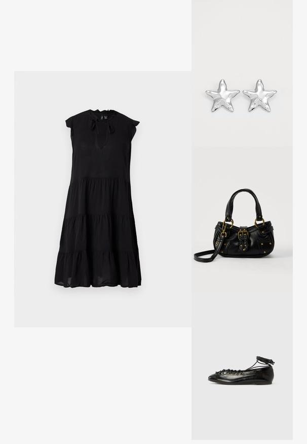 Robe midi noire sans manches à volants avec col froufrou et ouverture devant nouée par un nœud.; Ballerines en cuir verni noir avec un bout rond, un design à lacets et une semelle plate. Texture lisse avec peu de détails.; Sac à main en cuir noir avec boucle dorée et détails à rivets, poignées courtes et bandoulière réglable sur fond blanc uni.; Boucles d'oreilles argentées en forme d'étoile, avec une surface lisse et brillante. Chaque boucle d'oreille possède cinq pointes et des détails subtils de texture de surface.