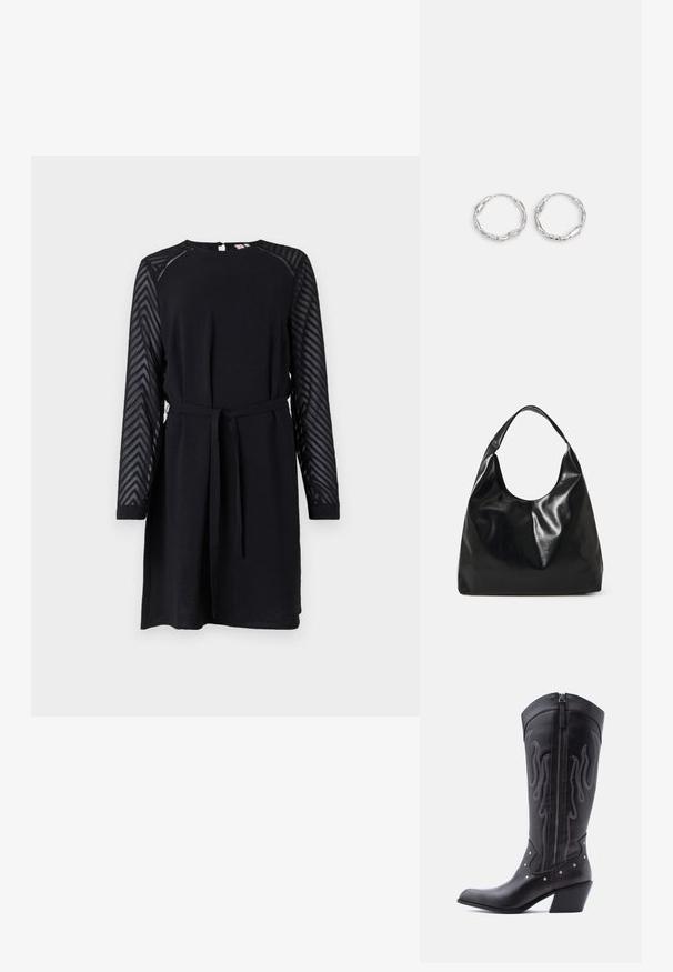 Vestido negro con largas mangas de organza texturizadas que presentan un patrón de espiga, un escote redondo y un cinturón de tela en la cintura.; Botas vaqueras de cuero negro con puntera puntiaguda, costuras visibles, detalles de tachuelas plateadas y cierre de cremallera en el lado interior.; Bolso hobo de cuero negro con una textura suave y brillante y un diseño de parte superior redondeada y abierta. Cuenta con una amplia correa curvada para llevar. Sin hardware visible.; Pendientes de aro plateados con textura ondulada e irregular. Presentan una forma circular delgada y un acabado reflectante.