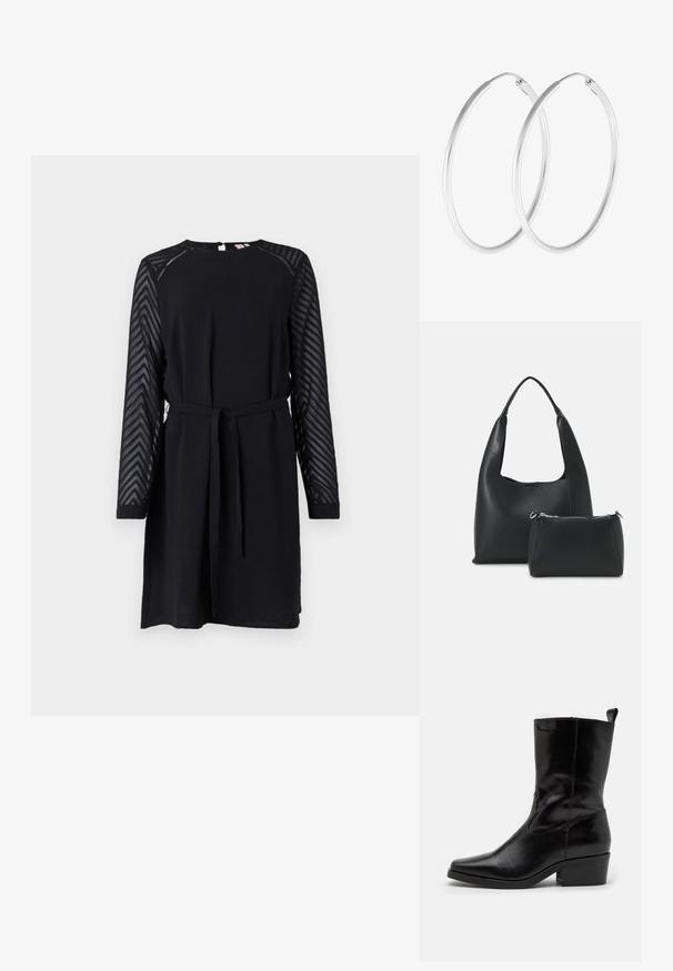 Vestido negro con largas mangas de organza texturizadas que presentan un patrón de espiga, un escote redondo y un cinturón de tela en la cintura.; Botín de cuero negro hasta el tobillo con puntera afilada, tacón bajo y detalles de costura. Presenta paneles elásticos laterales para facilitar el calzado.; Even&Odd Bolso de mano - black; Pendientes de aro en tono plateado con forma redonda y un acabado pulido. Ambos pendientes son del mismo tamaño y cuentan con un mecanismo de cierre seguro.