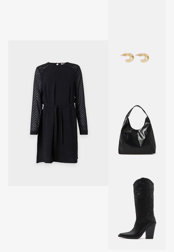 Zwarte jurk met lange, textuur-geperforeerde doorzichtige mouwen met een chevronpatroon, een ronde halslijn en een stoffen riem in de taille.; Simmi London DANIQUE - Laarzen met hoge hak - black; Zwarte leren hobo tas met een zachte, glanzende textuur en een ronde, open bovenkant. Voorzien van een brede, gebogen schouderband om te dragen. Geen zichtbare hardware.; Gouden halvmaanvormige oorbellen met een gladde afwerking, voorzien van oranje accenten bij de stekker en zilveren hardware.