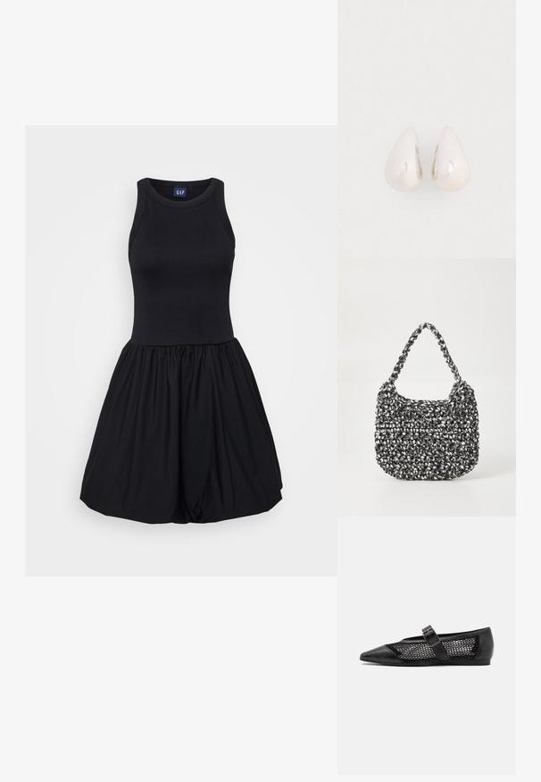 Robe noire avec un buste à débardeur ajusté et une jupe évasée froncée. Fabriquée en tissu doux et extensible avec une texture lisse.; Chaussure plate noire avec un bout pointu, panneaux latéraux en maille et une sangle avec une boucle décorative. Fini lisse sur les sections du bout et du talon.; Sac en osier noir et blanc de forme arrondie, avec une surface texturée et une poignée tressée. Convient à un usage décontracté.; Boucles d'oreilles en métal argenté en forme de goutte, avec une surface lisse et réfléchissante, présentant un design sans couture et sans embellissements visibles.