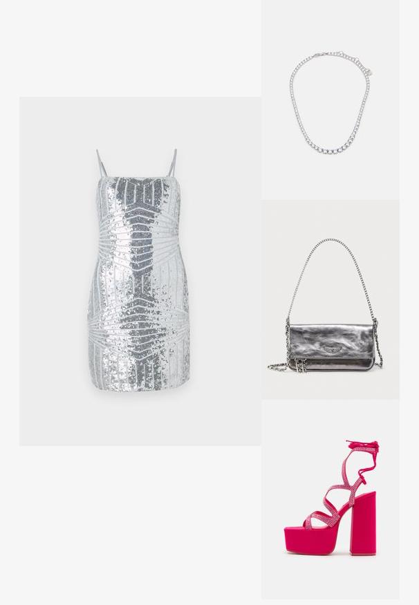 Hõbedane sädelev mini kleit õhukeste rihmadega, millel on geometriline muster erinevates hõbedastes toonides, luues tekstuurse visuaalse efekti.; Steve Madden CHAMPAGNE - Platvormsandaalid - pink; Metallist hõbedane õlakott tekstuurse pinnaga, kett-rihmaga ja tõmblukuga taskuga, esiküljel reljeefse logoga.; Hõbedatoonis kaelakee, millel on rida ümmarguseid, selgeid kive, mis on tihedalt kokku asetatud ja millel on konksuga sulgur.