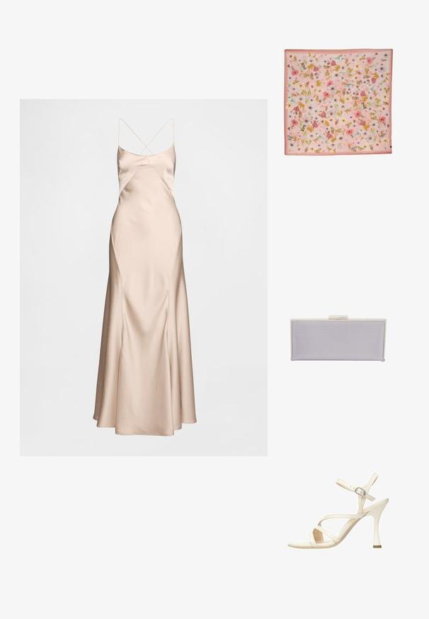 Beige aftenkjole i satin med spaghettistropper, der har en tætsiddende overdel, draperet silhuet og en udvidet kant. Glat tekstur med en diskret glans.; Hvide højhælede sandaler med stropper, glat overflade, justerbar ankelstrop og en tynd stiletto hæl. Enkel og minimalistisk design.; Silketørklæde med en lyserød kant, der har et tæt mønster af pastelfarvede blomster og små farverige fugle spredt over stoffet.; Rektangulær lavendel clutch lavet af tekstureret materiale med glatte kanter. Har en sølv spænde lukning på toppen.