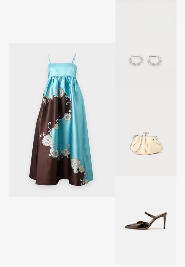 Satin maxi-jurk met een aansluitende turkooise corsage, een bruine rok met witte bloemenborduursels en dunne verstelbare schouderbandjes.; G glanzende donkerbruine mule met spitsen neus en hoge hak met een smalle band over de wreef op een effen witte achtergrond.; Geplooide beige leren clutch met een zilveren metalen frame, voorzien van twee ronde decoratieve sluitingen en een zilveren kettingriem.; Zilveren oorringen met parel- en kristalaccenten, met een gestructureerd oppervlak en een veilige postsluiting.