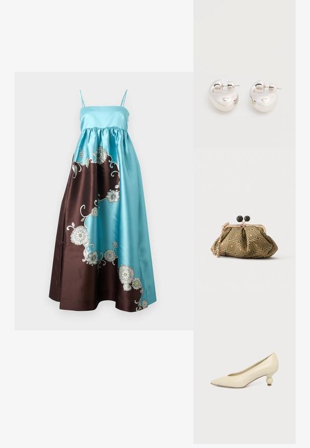 Satin maxi-jurk met een aansluitende turkooise corsage, een bruine rok met witte bloemenborduursels en dunne verstelbare schouderbandjes.; Dames schoen in roomkleur met een puntige neus en een lage, ronde balvormige hak op een effen achtergrond.; Kleine clutch tas met goud-zwart geometrisch patroon, goudkleurig metalen frame, zwarte bolsluiting en een korte gouden kettingband.; Een paar glanzende zilveren dikke creolen met post-sluitingen op een effen witte achtergrond.