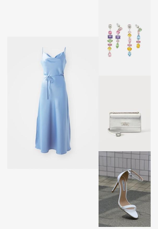 Himmelblaues Satin-Midi-Kleid mit tiefem Ausschnitt, dünnen Trägern und gebundenem Taillenbereich. Es hat eine glatte Oberfläche und weiche Drapierung.; Weiße High-Heel-Sandale mit Knöchelriemen, spitzer Zehenpartie, glatter Ledertextur und schlankem Stiletto-Absatz. "Steve Madden"-Etikett sichtbar.; Kleine rechteckige silberne Metallic-Handtasche mit Kettenriemen, Vorderklappe und rechteckigem Drehverschluss.; Drei Paar Ohrringe mit mehreren Edelsteinen in Pink, Lila, Grün, Gelb und Blau, aus silberfarbigem Metall mit Steckverschlüssen.