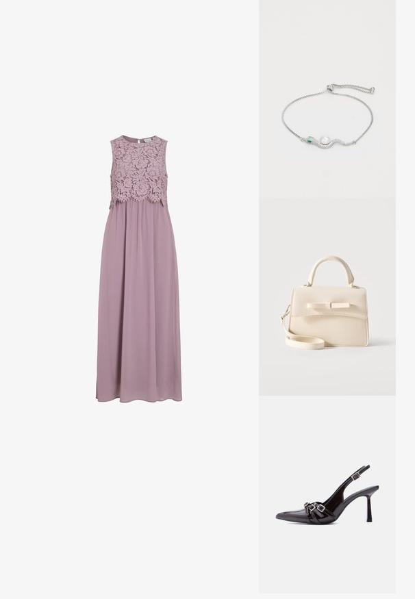 Robe maxi en lavande douce, dotée d'un corsage en dentelle et d'un design sans manches. Tissu fluide avec un léger éclat et détail de taille froncée.; Chaussure à talon haut slingback en cuir verni noir, bout pointu, avec trois brides décoratives bouclées sur le dessus.; Petit sac à main beige avec poignée supérieure, bandoulière amovible, rabat avant et nœud horizontal décoratif sur un fond uni.; Bracelet en argent en forme de serpent avec une perle et des accents verts, présentant un design élégant et texturé ainsi qu'une fermeture à chaîne sécurisée.