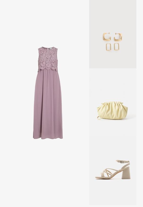 Maxi-kjole i dæmpet lavendel, med en blonde-bodice og uden ærmer. Flydende stof med en subtil glans og samlet taljedetalje.; Beige hæle sandaler med krydsede stropper, en ankelspænde og en firkantet blokhælhøjder for stabilitet. Glat, læderlignende tekstur.; Gul plisseret håndtaske lavet af glat kunstlæder, med en blød form, en enkelt skulderrem og samlet topdesign.; To par guldfarvede geometriske hoop-øreringe på en ensfarvet hvid overflade, et par firkantede og solide, et par rektangulære og hule.