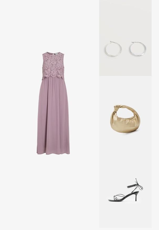 Maxi-kjole i dæmpet lavendel, med en blonde-bodice og uden ærmer. Flydende stof med en subtil glans og samlet taljedetalje.; Sort højhælet sandal med tynde stropper omkring anklen og en mellemhøj stilethælt på en hvid baggrund.; Guldmetal taske med en glat, shiny overflade. Har et knyttet håndtag og en rund, blød form. Lynlåslukning langs toppen.; Sølvfarvede metaloorringe med glat, let buet overflade og låsemekanisme på en ensfarvet hvid baggrund.