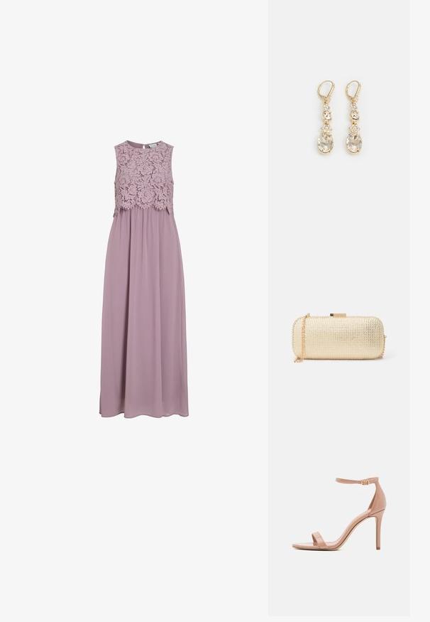 Maxi-jurk in gedempt lavendel, met een kanten lijfje en mouwloos ontwerp. Vloeiende stof met een subtiele glans en een geplooid taille-detail.; Madden Girl BRAZEN - Sandalen - dark nude; Metalen gouden clutch met een textuur oppervlak, met een cilindervorm, een schouderketting en een sluiting met klapsluiting.; Goudkleurige oorhangers met een heldere ovale crystal aan de basis, verfraaid met kleinere kristallen en bloemdetails erboven.
