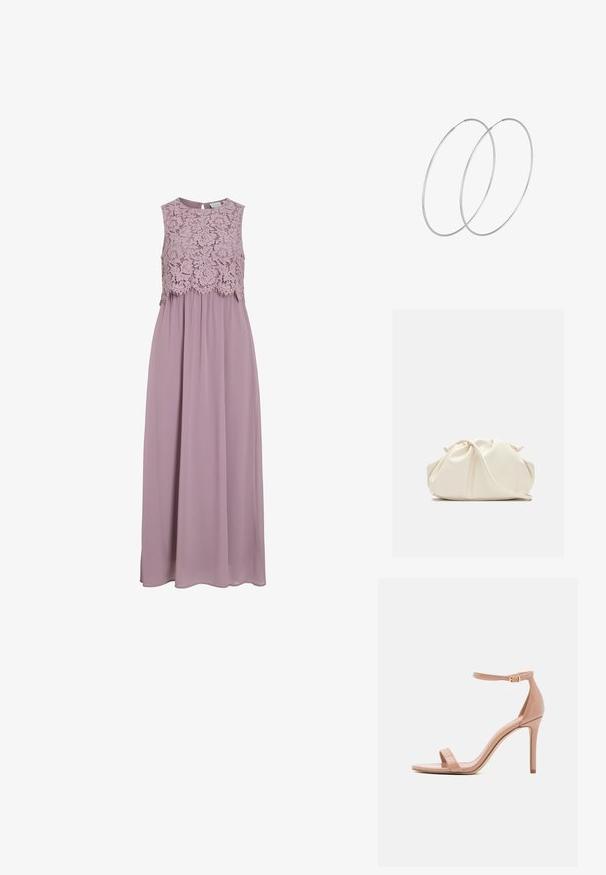 Vestido maxi en lavanda suave, con un cuerpo de encaje y diseño sin mangas. Tela fluida con un leve brillo y detalle de cintura fruncida.; Madden Girl BRAZEN - Sandalias - dark nude; Bolso de mano de cuero suave de color crema con diseño fruncido y plisado y una delgada correa para el hombro que descansa delante sobre un fondo liso.; Pendientes de aro plateados con un diseño minimalista. Forma circular, textura suave y perfil delgado. Livianos con un acabado pulido.