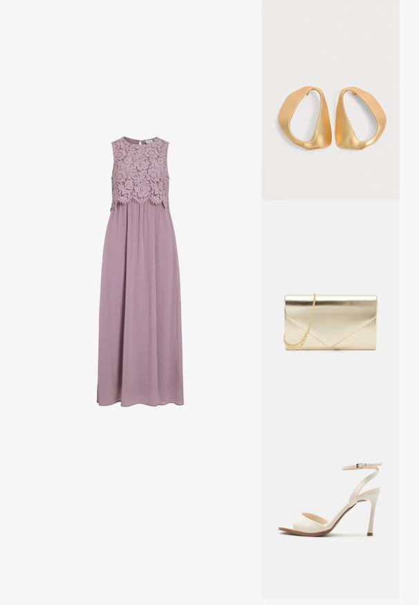Vestido maxi en lavanda suave, con un cuerpo de encaje y diseño sin mangas. Tela fluida con un leve brillo y detalle de cintura fruncida.; Sandalia beige de tacón alto con tira delgada en el tobillo y hebilla dorada, punta abierta y tacón de aguja delgado sobre un fondo blanco.; Clutch de metal dorado con una forma rectangular elegante, que presenta un diseño de sobre y una correa de cadena dorada desmontable.; Par de pendientes de aro dorados irregulares y asimétricos con acabado suave y mate sobre fondo neutro.