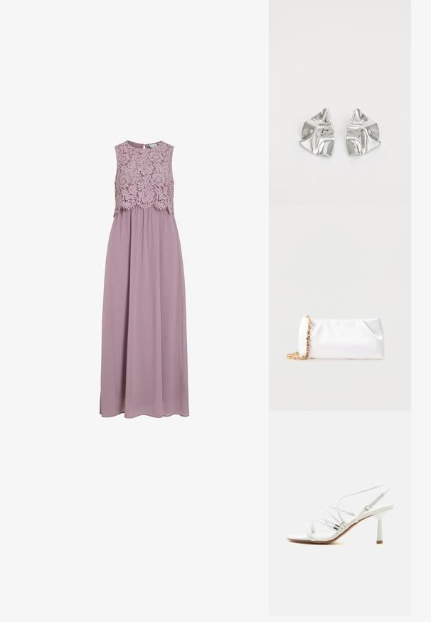 Maxi-kjole i dæmpet lavendel, med en blonde-bodice og uden ærmer. Flydende stof med en subtil glans og samlet taljedetalje.; Hvid højhælet sandal med tynde stropper, sølvdetaljer, firkantet tå og en slank mellemhøj hæl på en ens hvid baggrund.; Hvid blød clutchtaske med guld kæderem pyntet med klare ædelsten, sat mod en ensfarvet lys grå baggrund.; Sølvmetal øreringe med et bølgende, skulpturelt design, der har en poleret overflade og uregelmæssige former, hvilket fremhæver en moderne æstetik.