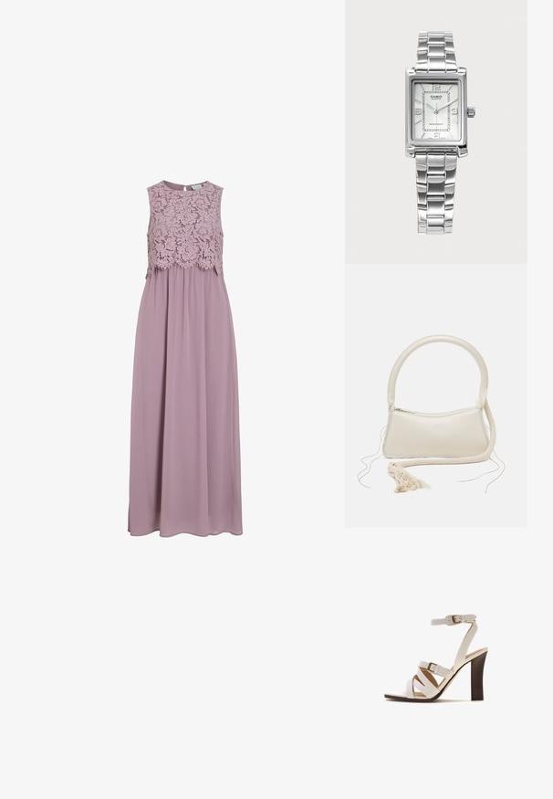 Maxi-kjole i dæmpet lavendel, med en blonde-bodice og uden ærmer. Flydende stof med en subtil glans og samlet taljedetalje.; Hvid højhælet sandal med tre stropper foran og ankelrem, med spænder i guldtoner og en mørk træsål med blokhæl.; Cremefarvet håndtaske med et rundt håndtag, lynlås lukning og frynsedetalje. Har en glat lædertekstur og kontrasterende stofkant.; Sølv Casio kvartsarmbåndsur med rektangulært urglas, metalledsrem, numeriske markører kl. 12, 3, 6 og 9, og vandafvisende mærkat.
