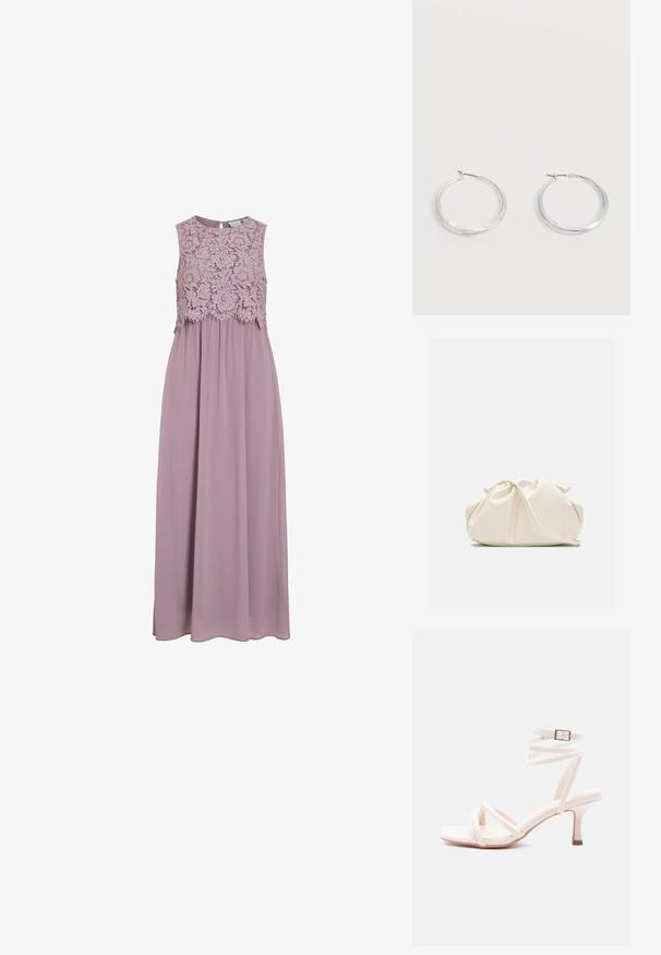 Robe maxi en lavande douce, dotée d'un corsage en dentelle et d'un design sans manches. Tissu fluide avec un léger éclat et détail de taille froncée.; Sandale blanche à talon avec lanières sur le devant, bride autour de la cheville avec boucle, et talon fin de hauteur moyenne sur un fond uni.; Pochette en cuir souple couleur crème avec un design froncé et une fine bandoulière reposant à l’avant sur un fond uni.; Boucles d’oreilles créoles en métal argenté avec une surface lisse légèrement incurvée et des fermoirs à clapet sur un fond blanc uni.