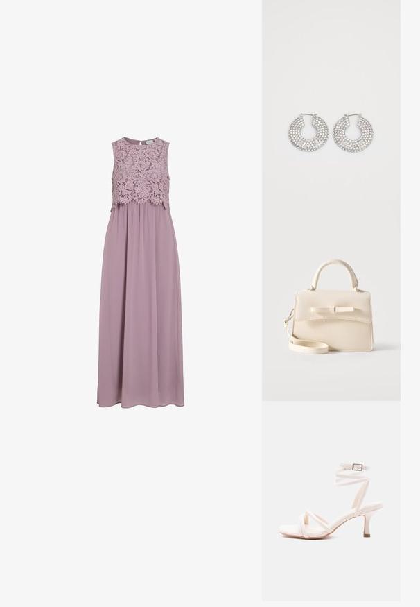 Vestido maxi en lavanda suave, con un cuerpo de encaje y diseño sin mangas. Tela fluida con un leve brillo y detalle de cintura fruncida.; Sandalia blanca de tacón con tiras en la parte delantera, correa envolvente en el tobillo con hebilla y tacón delgado de altura media, sobre un fondo liso.; Pequeño bolso beige con asa superior, correa desmontable, solapa frontal y lazo decorativo horizontal sobre un fondo liso.; Aros de plata en forma de aro adornados con múltiples embellishments de cristal transparente, con una superficie texturizada y un diseño circular abierto.