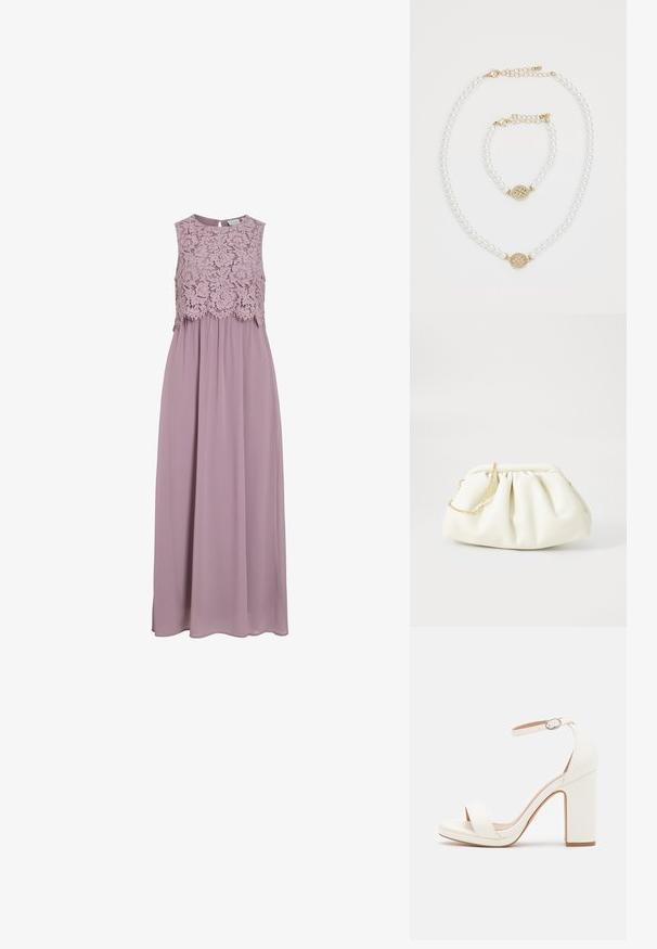 Vestido maxi en lavanda suave, con un cuerpo de encaje y diseño sin mangas. Tela fluida con un leve brillo y detalle de cintura fruncida.; Sandalias de tacón alto blancas con correa en el tobillo, diseño minimalista, punta abierta, tacón cuadrado y textura de cuero suave.; Bolso de mano de cuero blanco con un diseño recogido, cuenta con una cadena dorada y forma redondeada. Textura suave con pliegues suaves y sin patrones.; Collar de perlas y pulsera a juego con cierres de oro y un charm redondo de oro decorado con pequeños cristales sobre un fondo blanco.