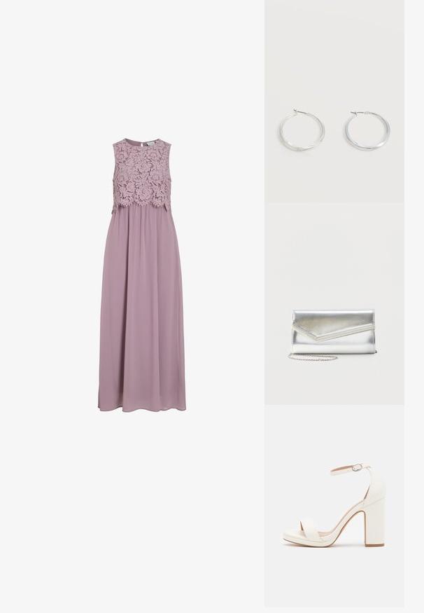 Vestido maxi en lavanda suave, con un cuerpo de encaje y diseño sin mangas. Tela fluida con un leve brillo y detalle de cintura fruncida.; Sandalias de tacón alto blancas con correa en el tobillo, diseño minimalista, punta abierta, tacón cuadrado y textura de cuero suave.; Bolso clutch plateado brillante con solapa de estilo sobre y adorno decorativo, pequeña correa de cadena plateada, sobre fondo liso claro.; Pendientes de aro de metal plateado con superficie lisa y ligeramente curvada y cierre de tipo mosquetón sobre un fondo blanco liso.