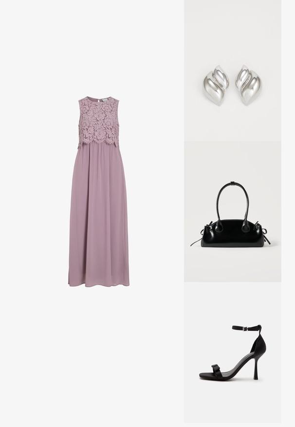 Vestido maxi en lavanda suave, con un cuerpo de encaje y diseño sin mangas. Tela fluida con un leve brillo y detalle de cintura fruncida.; Sandalia negra de tacón alto con una correa en el tobillo, hebilla plateada y una correa frontal con un pequeño detalle de lazo.; Pequeño bolso negro brillante con dos asas largas y detalles de cordón lateral sobre un fondo claro liso.; Pendientes de plata con una forma orgánica y abstracta. Superficie lisa y brillante con un diseño cónico. Presentan suaves curvas y un detalle de línea central.