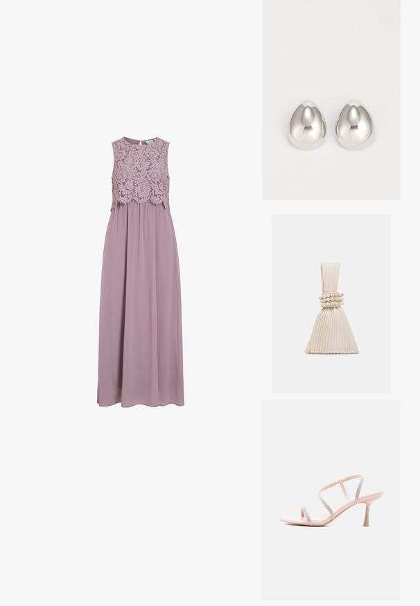 Maxi-jurk in gedempt lavendel, met een kanten lijfje en mouwloos ontwerp. Vloeiende stof met een subtiele glans en een geplooid taille-detail.; Beige hoge hak sandaal met drie dunne bandjes versierd met strass-steentjes en een slanke mid-hoogte hak op een witte achtergrond.; Kleine beige handtas met plooien, voorzien van een geknoopt handvat en drie ronde kralenarmbanden die rond het midden zijn gewikkeld.; Zilveren metalen oorcuffs met een glad, rond ontwerp dat lijkt op de vorm van een druppel, met een reflecterende oppervlakte en een naadloze afwerking.