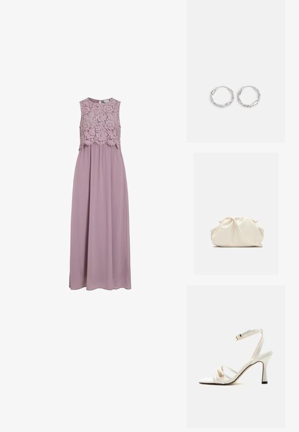 Vestido maxi en lavanda suave, con un cuerpo de encaje y diseño sin mangas. Tela fluida con un leve brillo y detalle de cintura fruncida.; Sandalia blanca de tacón alto con tres tiras frontales y una correa ajustable en el tobillo con una hebilla dorada.; Bolso de mano de cuero suave de color crema con diseño fruncido y plisado y una delgada correa para el hombro que descansa delante sobre un fondo liso.; Pendientes de aro plateados con textura ondulada e irregular. Presentan una forma circular delgada y un acabado reflectante.
