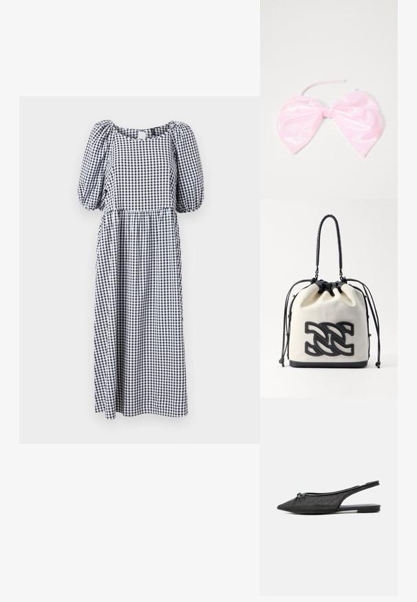 Vestido de cuadros en blanco y negro, de longitud hasta la rodilla, con mangas abullonadas y escote cuadrado. Hecho de una tela ligera con cintura fruncida.; Zapato plano negro con talón de malla, punta puntiaguda y pequeño lazo en la parte superior, exhibido sobre un fondo blanco.; Casadei BORSA BEAURIVAGE - Bolso de mano - multicolor; Accesorio para el cabello de color rosa y brillante con forma de gran lazo, con una textura suave y una delgada correa para asegurarlo en su lugar.