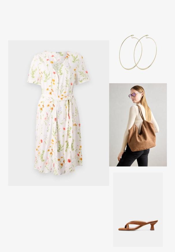 Een bloemenjurk met een v-hals, korte mouwen en een ceintuur in de taille. Gemaakt van lichte stof met een crèmekleurige achtergrond en kleurrijke bloemen.; Bruine suède sandaal met open teen, een lage kittenheel en gekruiste bandjes, gepresenteerd tegen een effen lichte achtergrond.; Bruine suède totebag met zachte textuur, grote opening en lange hengsels. Het heeft een eenvoudig ontwerp met zichtbare stiksels en geen hardware.; Pilgrim Oorbellen - gold-coloured