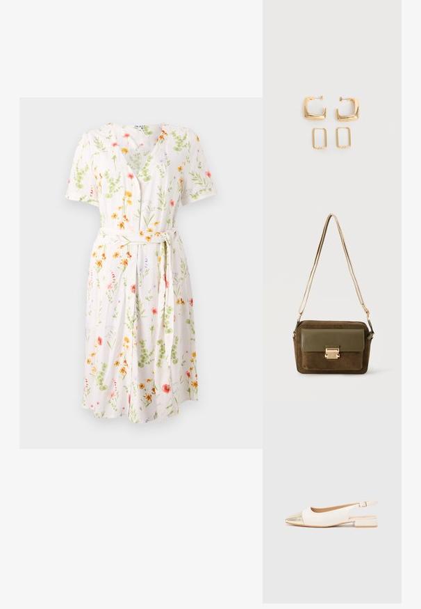 Een bloemenjurk met een v-hals, korte mouwen en een ceintuur in de taille. Gemaakt van lichte stof met een crèmekleurige achtergrond en kleurrijke bloemen.; Witte slingback schoen met een gouden metallic puntige neus, lage blokhak en een gladde leren textuur. Verstelbare enkelband voor een goede pasvorm.; Bruine suède crossbodytas met olijfgroene leren klep en goudkleurige sluiting, met een dunne verstelbare schouderriem.; Twee paar gouden geometrische creolen op een effen witte ondergrond, een paar vierkant en massief, een paar rechthoekig en hol.