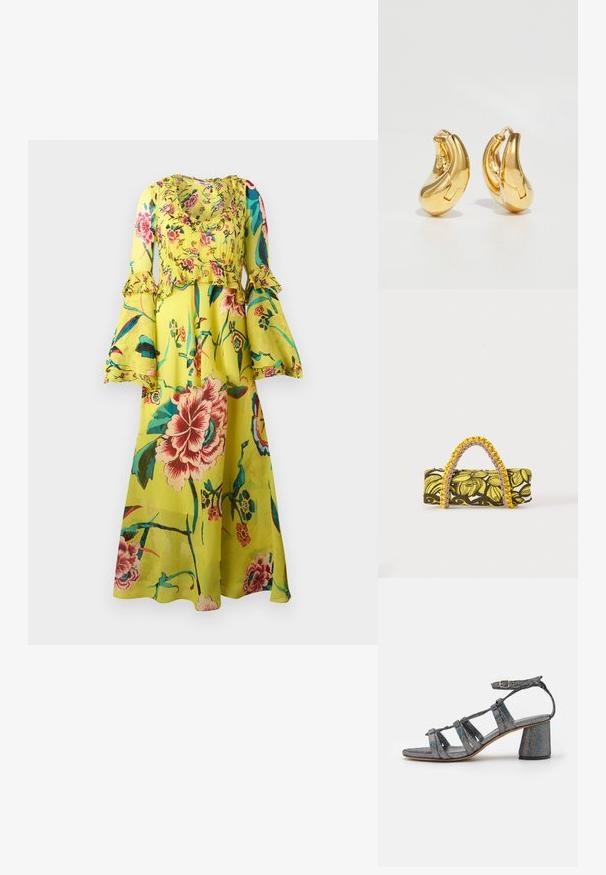 Robe maxi florale de couleur jaune vif, avec des manches longues à volants, un col rond et une silhouette fluide ornée de divers motifs floraux colorés.; Mansur Gavriel DAY DREAM - Sandales - glitter; Sac rectangulaire avec motif floral jaune et noir et anse tressée jaune et rose sur fond blanc.; Boucles d'oreilles en or en forme de d'anneaux lisses et courbés avec une finition polie. Équipées d'un mécanisme de fermeture et de légères indentations pour le détail.