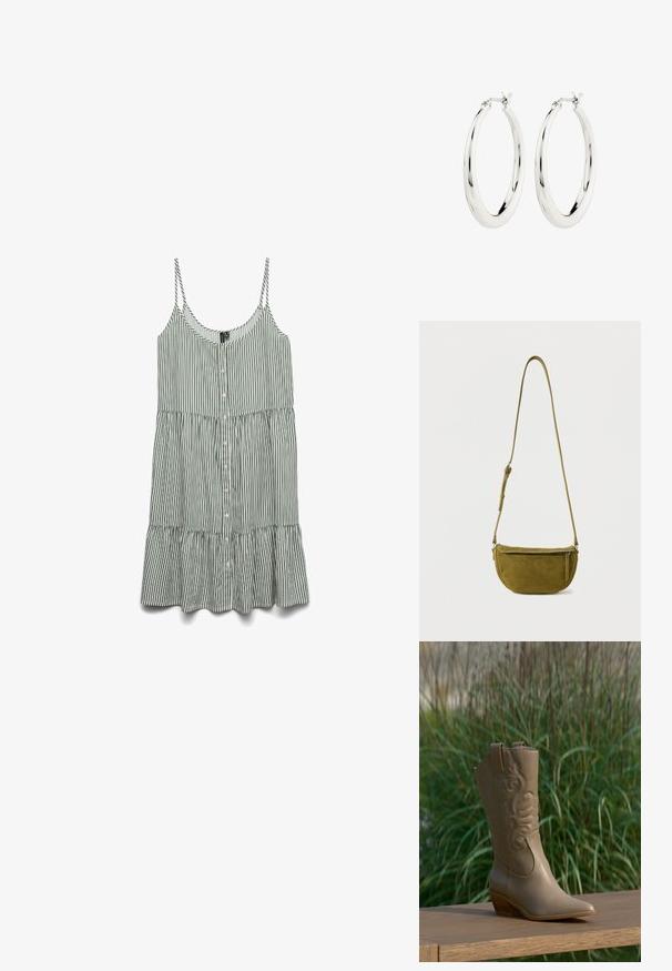 Robe sans manches rayée verte et blanche avec des boutons sur le devant et un ourlet volanté. Fabriquée en tissu léger avec des bretelles fines.; Botte de cowboy en cuir beige avec un motif brodé et un talon en bois, posée sur une surface en bois devant un fond de plante verte.; Sac bandoulière en daim vert olive avec sangle réglable et poche avant zippée sur fond blanc uni.; Boucles d'oreilles créoles en argent avec une finition lisse et brillante. Forme circulaire, dotée d'un fermoir sécurisé. Design simple et élégant.