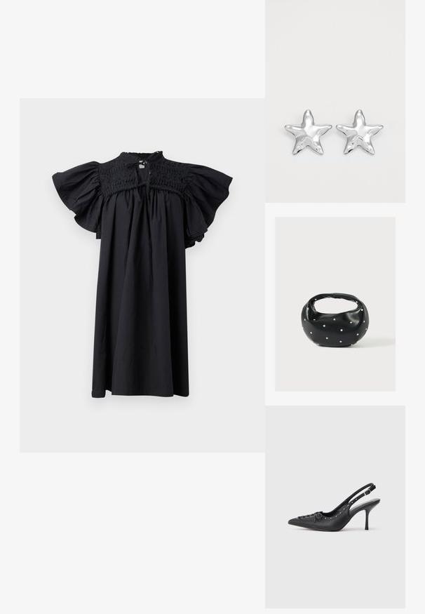 Musta mekko, jossa on rypytetty vartalo, lyhyet levenevät hihat ja pyöreä pääntie. Pehmeä kangas, joka istuu rentosti ja ulottuu polven ylle.; Musta nahkainen slingback-korkokenkä, jossa on teräväkärkinen muotoilu, sivun solkikiinnitys, niittejä reunoilla ja koristeellinen nyöri edessä.; Musta nahkainen käsilaukku, jossa on pyöreä muoto, koristeltu hopeisilla niittikoristeilla ja lyhyt kahva. Sileä pinta ja vetoketjullinen suljenta.; Hopeakuvioiset tähti-korvakorut, joissa on kiiltävä pinta. Jokaisessa korvakorussa on viisi nuppia ja hienovarainen pinnan tekstuuri.