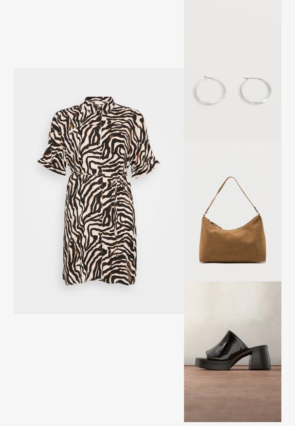 Knapdetalje kjole i sort og beige zebra-mønster, korte ærmer, et bælte i taljen og en klassisk krave; lavet af et let materiale.; Sort laklæder mule med åben tå og kraftig blokhæl, placeret oprejst på gråt gulv mod sløret baggrund.; Brun skuldertaske i ruskind med enkelt rem og lynlås øverst, vist mod en ensfarvet hvid baggrund.; Sølvfarvede metaloorringe med glat, let buet overflade og låsemekanisme på en ensfarvet hvid baggrund.