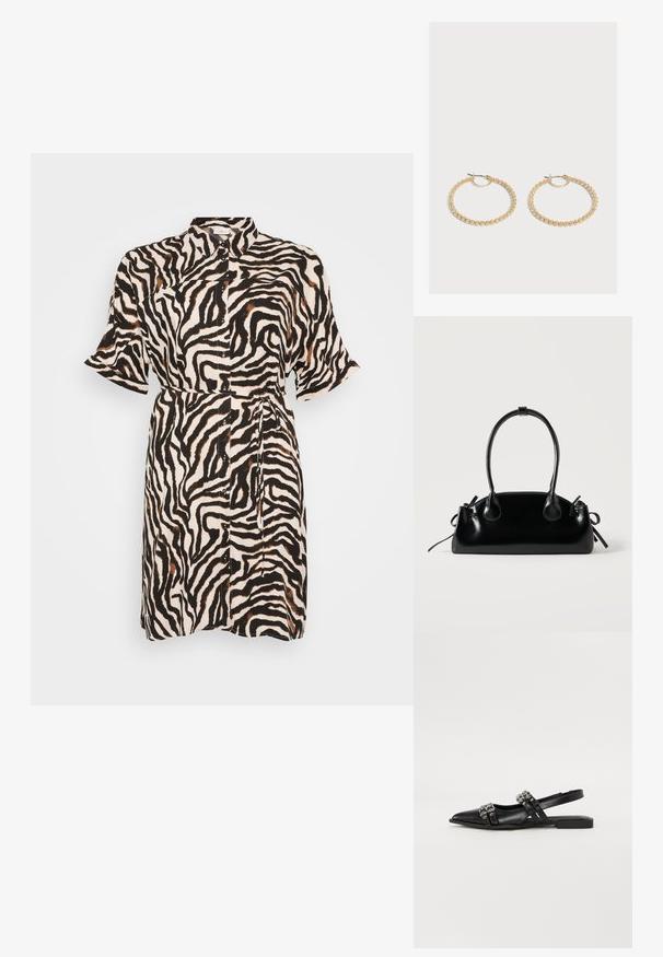 Knapdetalje kjole i sort og beige zebra-mønster, korte ærmer, et bælte i taljen og en klassisk krave; lavet af et let materiale.; Even&Odd by Zalando Slingback-ballerinasko - black; Lille sort blank håndtaske med to lange håndtag og snøre-detaljer i siden på en ensfarvet lys baggrund.; Par medium-størrelse guldbøjleøreringe med et tekstureret perle-design på en ensartet lys baggrund.
