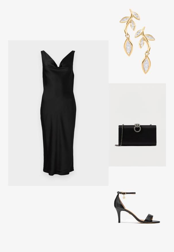 Vestido de satén negro con escote en V y diseño sin mangas. El ajuste ceñido presenta un cuerpo drapeado y cae hasta la mitad de la pantorrilla. Textura suave.; Sandalia de tacón alto de cuero negro con una sola cinta sobre los dedos, cinta en el tobillo, herrajes dorados y un esbelto tacón de aguja.; Bolso de mano de satén negro con un cierre circular en tono plateado adornado con strass, cuenta con una correa de cadena desmontable.; DIAMANT L'ÉTERNEL Pendientes - gold coloured