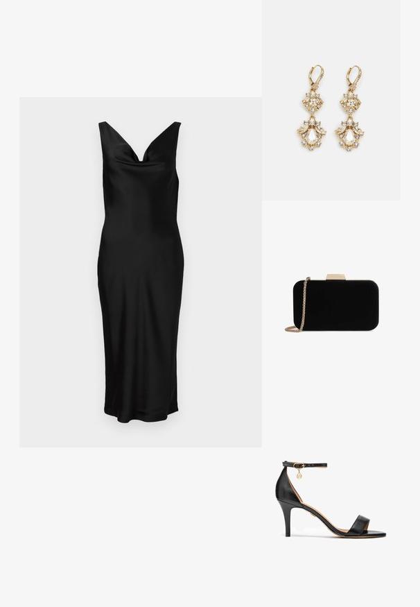 Schwarzes Satin-Kleid mit V-Ausschnitt und ärmellosem Design. Die figurbetonte Passform zeichnet sich durch ein drapiertes Oberteil aus und reicht bis zur Mitte der Waden. Glatter Stoff.; Schwarze Leder-Sandaletten mit hohem Absatz, einem einzelnen Riemen über den Zehen, einem Knöchelriemen, goldenen Beschlägen und einem schlanken Stiletto-Absatz.; Schwarze Samt-Clutch mit goldfarbener Hardware, rechteckiger Form und Kettenriemen, mit glatter Textur und ohne sichtbare Muster.; Ohrringe mit Gold-Finish im Design eines Clusters, das runde und tropfenförmige klare Kristalle zeigt und aufwendige Details präsentiert.