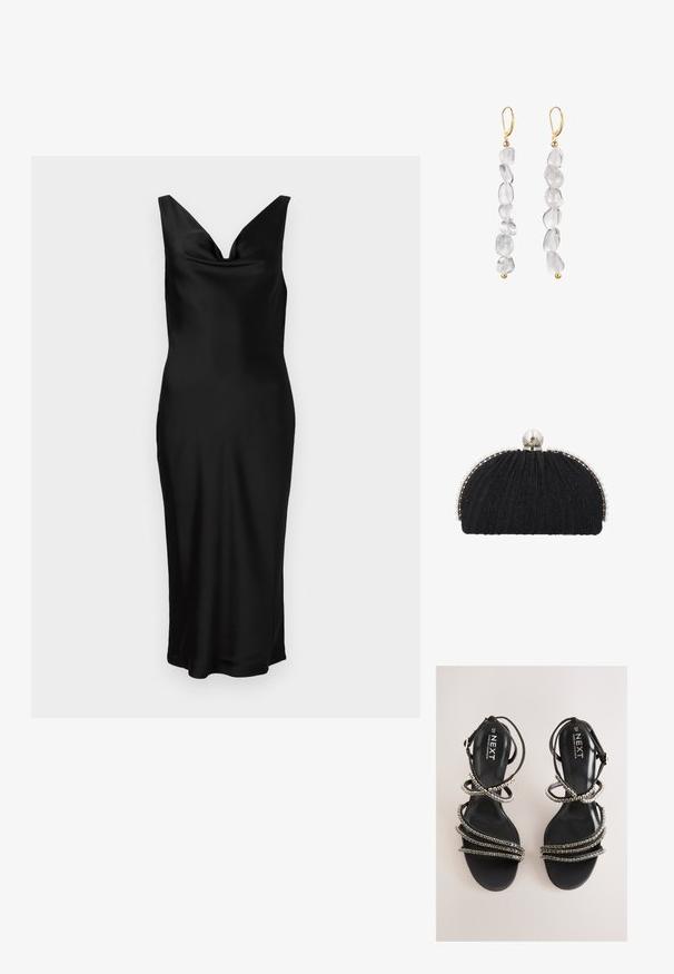 Schwarzes Satin-Kleid mit V-Ausschnitt und ärmellosem Design. Die figurbetonte Passform zeichnet sich durch ein drapiertes Oberteil aus und reicht bis zur Mitte der Waden. Glatter Stoff.; Schwarze Riemchensandalen mit metallischen Akzenten. Sie verfügen über ein glatt strukturiertes Fußbett und mehrere verzierte Riemen, die ein geschichtetes Erscheinungsbild erzeugen.; Schwarze Abend-Clutch mit strukturiertem Stoff, eingefasst von einer Reihe kleiner Perlen und einem großen Perlenverschluss oben.; Lange Ohrringe mit jeweils fünf klaren, unregelmäßigen Steinen und goldfarbenen Haken und Perlen an den Enden.
