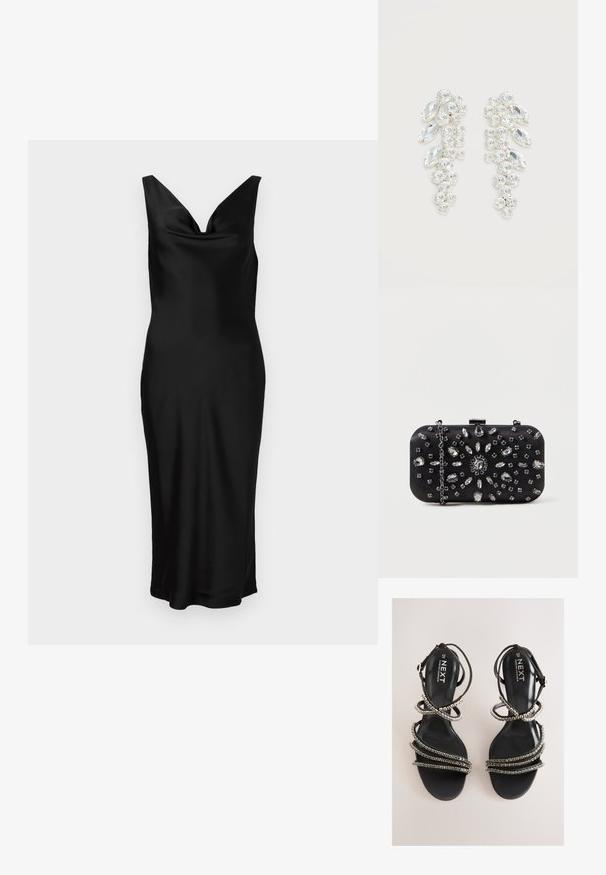 Vestido de satén negro con escote en V y diseño sin mangas. El ajuste ceñido presenta un cuerpo drapeado y cae hasta la mitad de la pantorrilla. Textura suave.; Sandalias negras con tiras y detalles metálicos. Cuentan con una plantilla de textura suave y múltiples tiras decoradas que crean una apariencia en capas.; Clutch negro de forma rectangular, decorado con varios strass en un patrón floral, con una cadena plateada para llevar.; Par de pendientes en tono plateado con cristales claros facetados agrupados en formas redondas y marquesas sobre fondo blanco.