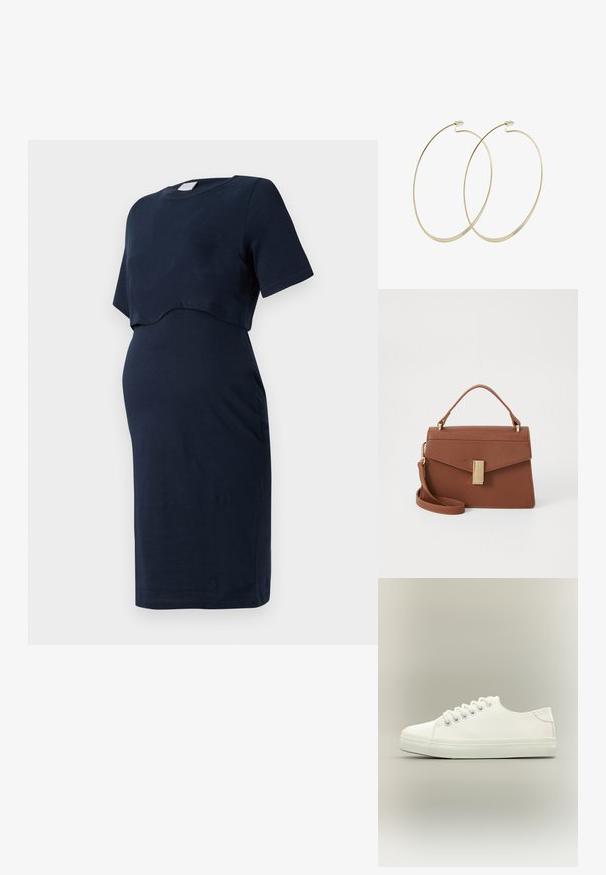 Vestido de maternidad azul marino hecho de algodón suave, con mangas cortas y un diseño con superposición curva que se adapta a una barriga en crecimiento.; Zapatilla blanca baja con cordones blancos y suela de goma mostrada desde vista lateral sobre un fondo neutro.; Bolso de mano de imitación cuero marrón con un diseño estructurado, asa superior, correa desmontable y un cierre en tono dorado. Superficie texturizada con solapa angular.; Pilgrim Pendientes - gold-coloured