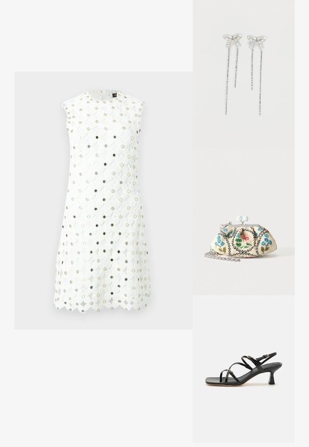 Robe blanche sans manches avec motif en dentelle florale et petits œillets métalliques ronds répartis uniformément sur le tissu.; Sandales à strapes en cuir verni noir avec un bout carré et un petit talon carré. Présente des accessoires en métal doré et des brides de cheville réglables.; Petit porte-monnaie en tissu à fermoir avec broderie florale en perles, cadre métallique et bandoulière chaîne argentée sur un fond uni clair.; Longs boucles d'oreilles en argent avec un groupe de strass au sommet et des rangées de petites strass suspendues en dessous.