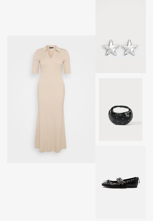 Robe en tricot côtelé beige avec un décolleté en V et des manches courtes. Dotée d'un col et d'une jupe évasée longueur cheville. Texture lisse tout au long.; Chaussure de ballet plate noire avec doubles brides à boucle, œillets argentés et petit nœud près de l’orteil arrondi sur fond blanc.; Sac à main en cuir noir de forme arrondie, décoré de clous argentés et équipé d'une poignée courte. Texture lisse et fermeture éclair.; Boucles d'oreilles argentées en forme d'étoile, avec une surface lisse et brillante. Chaque boucle d'oreille possède cinq pointes et des détails subtils de texture de surface.
