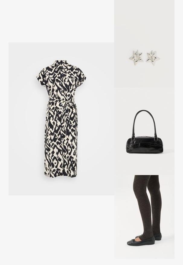 Vestido de botones negro y crema con estampado, de mangas cortas, cuello con solapa y cinturón de lazo en la cintura. Textura de tela suave.; Piernas con leggings oscuros acanalados combinados con bailarinas negras que presentan pequeños detalles de lazo sobre un fondo blanco.; Bolso de mano de cuero negro con forma rectangular, equipado con un asa estructurada, herrajes en plata y cierre de cremallera. Textura suave.; Pendientes de aro plateados en forma de estrella con un acabado liso y pulido sobre un fondo blanco liso.