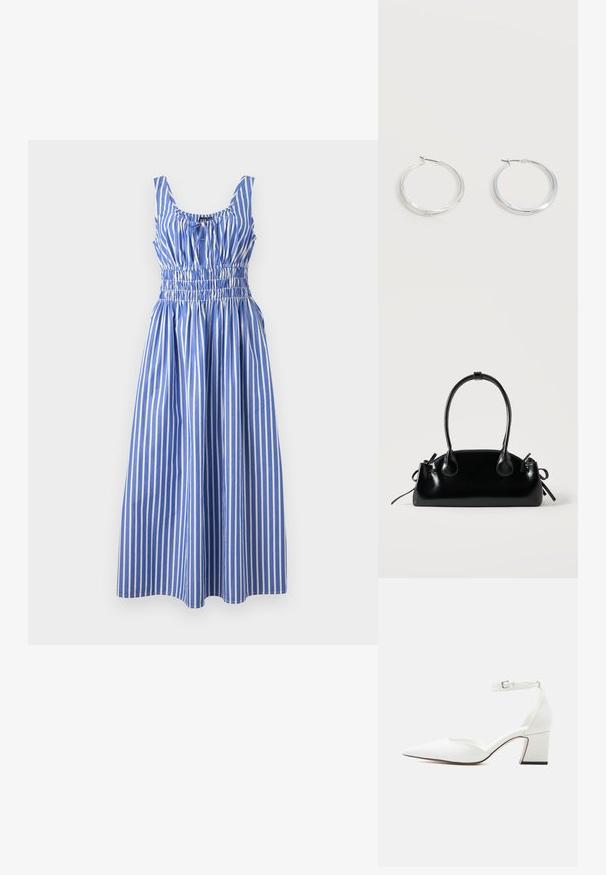Blauw-wit gestreepte jurk met een gerimpelde taille, ronde halslijn en brede bandjes, gemaakt van een lichtgewicht stof. Gelaagde verticale strepen.; Witte schoenen met spitse neus, midhak, enkelbandje met gesp, glad oppervlak en blokhak op een effen lichte achtergrond.; Kleine zwarte glanzende handtas met twee lange hengsels en zijkant trekkoord details op een effen lichte achtergrond.; Zilverkleurige metalen creolen oorbellen met een glad, licht gebogen oppervlak en sluitingen met haaksluiting op een effen witte achtergrond.