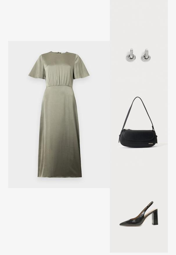Vestido verde oliva con cuello redondo, mangas cortas y cintura fruncida. Presenta una tela suave, ligeramente texturizada.; Zapato slingback de piel negra con puntera puntiaguda, tacón alto y ancho, y forro interior beige sobre un fondo claro y liso.; Bolso de hombro de cuero negro con solapa curva, logo dorado "HUGO" en el frente y una correa ajustable.; Par de pequeños pendientes de aro plateados brillantes con base redonda, exhibidos sobre un fondo claro y liso.