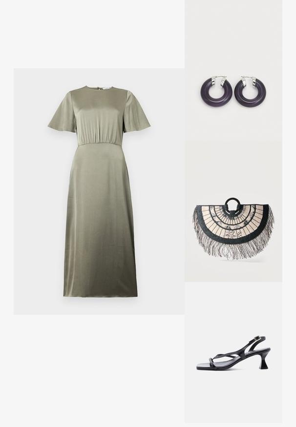 Vestido verde oliva con cuello redondo, mangas cortas y cintura fruncida. Presenta una tela suave, ligeramente texturizada.; Sandalia de mujer de cuero negro con tiras finas, punta cuadrada, hebilla ajustable en el tobillo y tacón acampanado de altura media.; Bolso semicircular tejido en negro y crema con flecos en el borde y asas redondas negras, con un patrón geométrico.; Pendientes de aro de resina púrpura con acentos metálicos en tono plateado. Forma circular con un acabado brillante, que cuenta con un cierre de bisagra seguro.