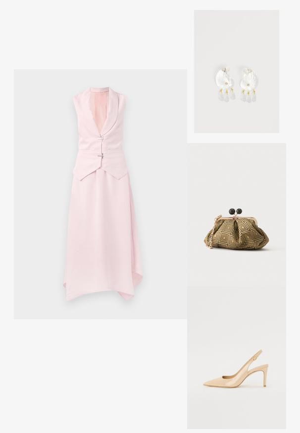 Lichtroze mouwloze jurk met een sjawl kraag, asymmetrische zoom en twee Decoratieve zilveren sluitingen op de taille. Glad, textuurstof.; Nude gepatineerd leren slingbackhak met een spitse neus, open vamp en een dunne stilettohak. Bevat een ronde gouden accent op de band.; Kleine clutch tas met goud-zwart geometrisch patroon, goudkleurig metalen frame, zwarte bolsluiting en een korte gouden kettingband.; Duidelijke hars oorbellen in schelpvorm met kleine gouden accenten en drie hangende doorschijnende druppelvormige bedels aan elk oorbel.