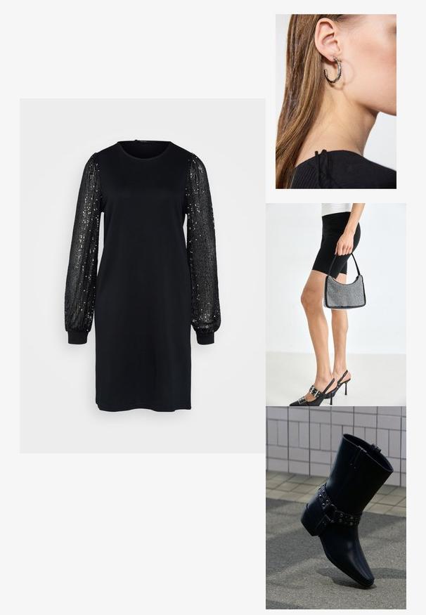 Zwarte jurk met een eenvoudig lijfje en lange, opgeblazen mouwen versierd met zwarte pailletten, wat een textuurcontrast in het ontwerp creëert.; Zwarte leren enkellaars met puntige neus, een gespband met zilverkleurige studs en een grove hak. Glad oppervlak met een minimalistisch ontwerp.; Zwarte beaded handtas met een gebogen silhouet, draaghandvat en glanzende textuur. Draagt bij hoge zwarte hakken en strakke zwarte shorts.; Zilveren oorbel met een gepolijste afwerking, met kleine gouden accentdetails en een ronde vorm, gedragen op de oorlel.