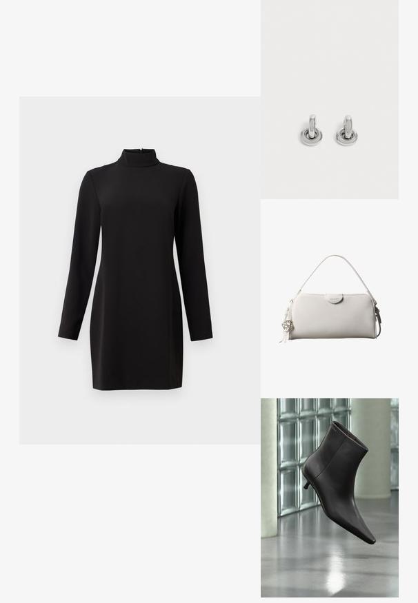 Vestido negro de manga larga con cuello alto, hecho de una tela suave. Presenta un corte recto y una cremallera en la parte posterior. Diseño minimalista, sin patrones.; Bota de cuero negro para el tobillo con puntera puntiaguda y tacón pequeño, exhibida frente a una pared de bloques de vidrio y un suelo pulido.; Bolso rectangular blanco de Calvin Klein con un solo asa, diseño minimalista y borlas decorativas con un charm metálico geométrico en el lateral.; Par de pequeños pendientes de aro plateados brillantes con base redonda, exhibidos sobre un fondo claro y liso.