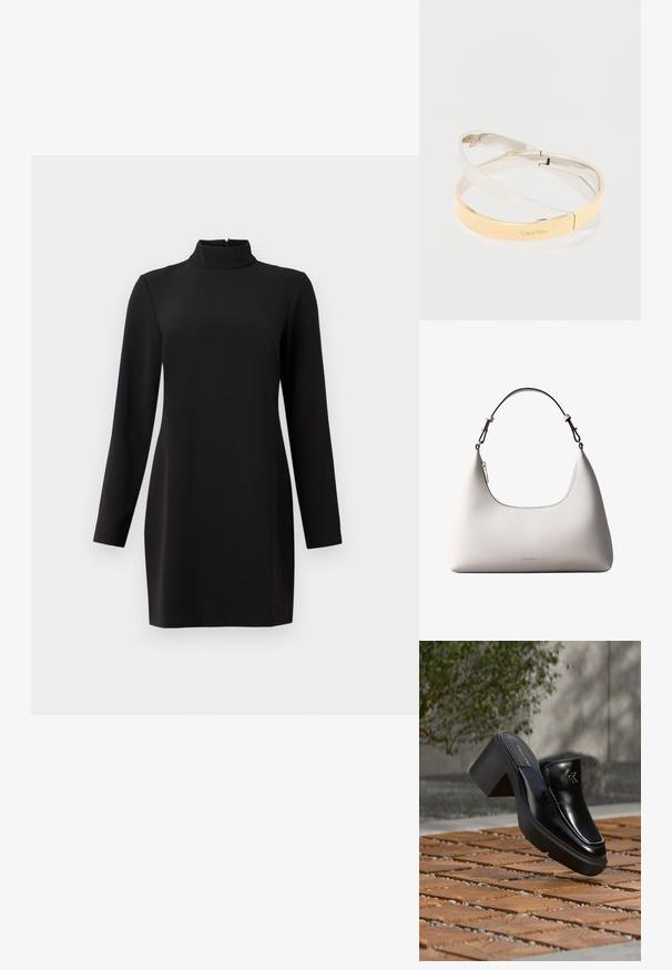 Robe noire à manches longues avec col montant, confectionnée dans un tissu lisse. Présente une coupe droite et une fermeture éclair dans le dos. Design minimaliste, sans motifs.; Mule slip-on en cuir noir Calvin Klein avec talon bloc reposant sur des carreaux en bois à l'extérieur près d'une plante verte et d'un mur gris.; Sac à bandoulière en cuir couleur crème de Calvin Klein avec bord supérieur incurvé, fermeture éclair argentée et sangle ajustable brun foncé.; Bracelets en métal poli entrelacés en tons argent et or, l'un gravé du logo "Calvin Klein", sur un fond blanc.