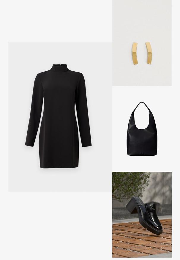 Sort langærmet kjole med høj krave, lavet af glat stof. Har en lige pasform og en lynlås i ryggen. Minimalistisk design uden mønstre.; Sort læder Calvin Klein slip-on mule med blokhæl, der hviler på trætøj udendørs nær en grøn plante og en grå væg.; Sort læder shoppertaske med en bred enkelt skulderrem og et subtilt Calvin Klein-logo nederst i midten.; Guldtonede metaløreringe med et bøjet, langstrakt design. Overfladen er glat og poleret med en minimalistisk stil.